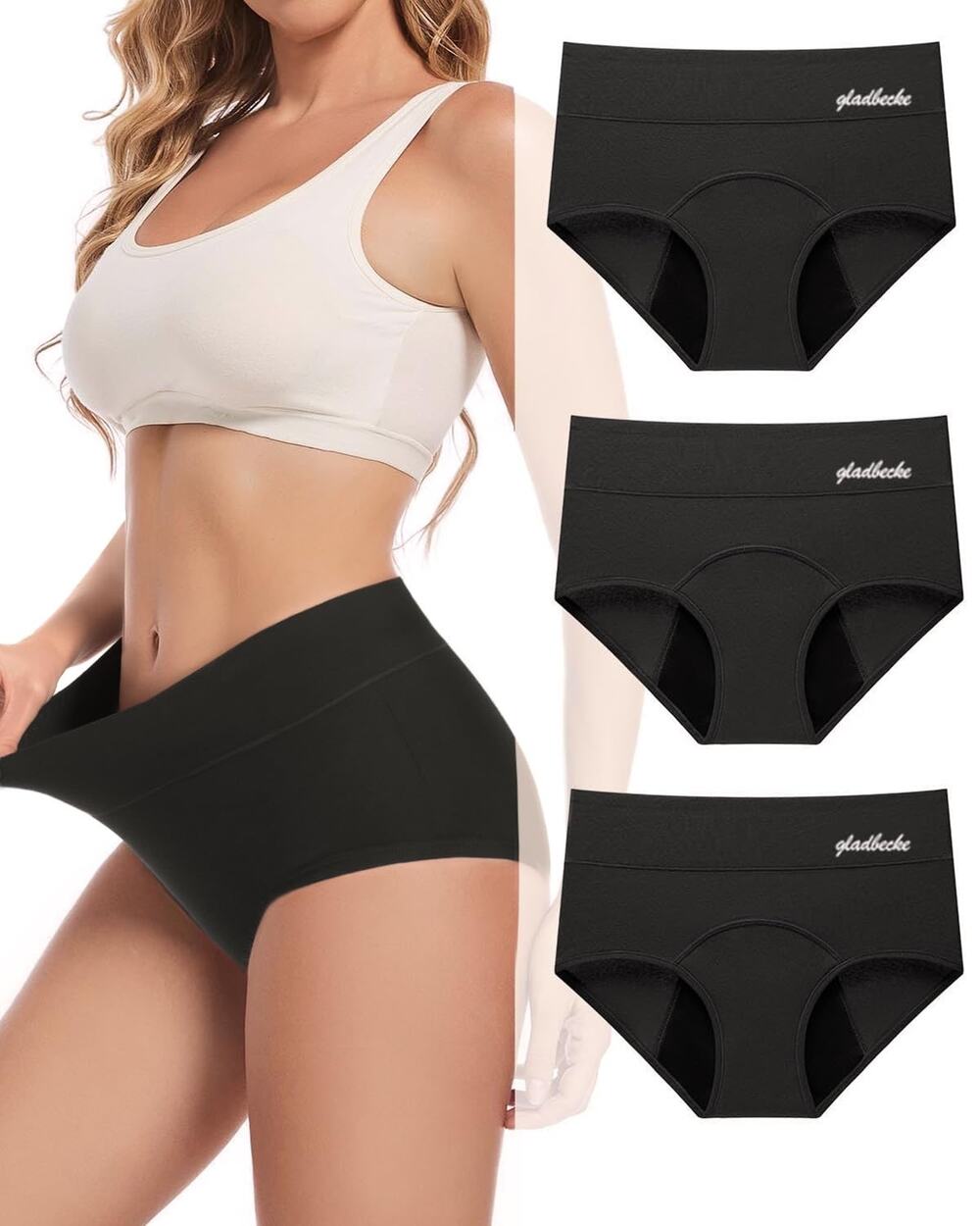 Gladbecke Period Underwear Leakproof Menstrual Panties 3 Pack Black Size Large